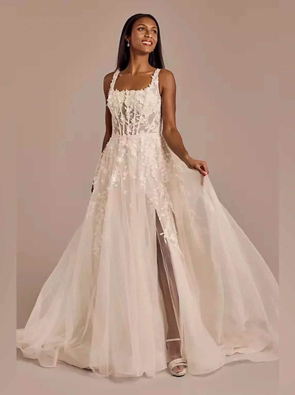 David's Bridal | Dresses | Davids Bridal 3d Floral Lace Appliqu Tulle  Sleeveless Square Neck Wedding Dress | Poshmark